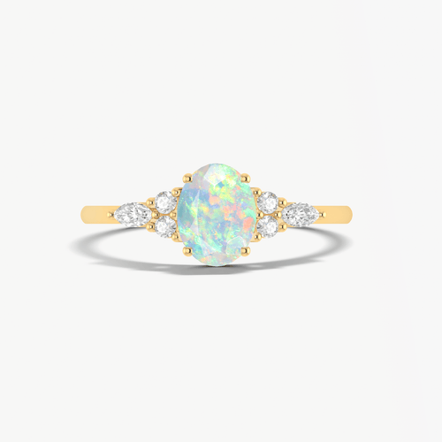 Oval Shape Natural White Opal & Zircon Solitaire with Accents Ring