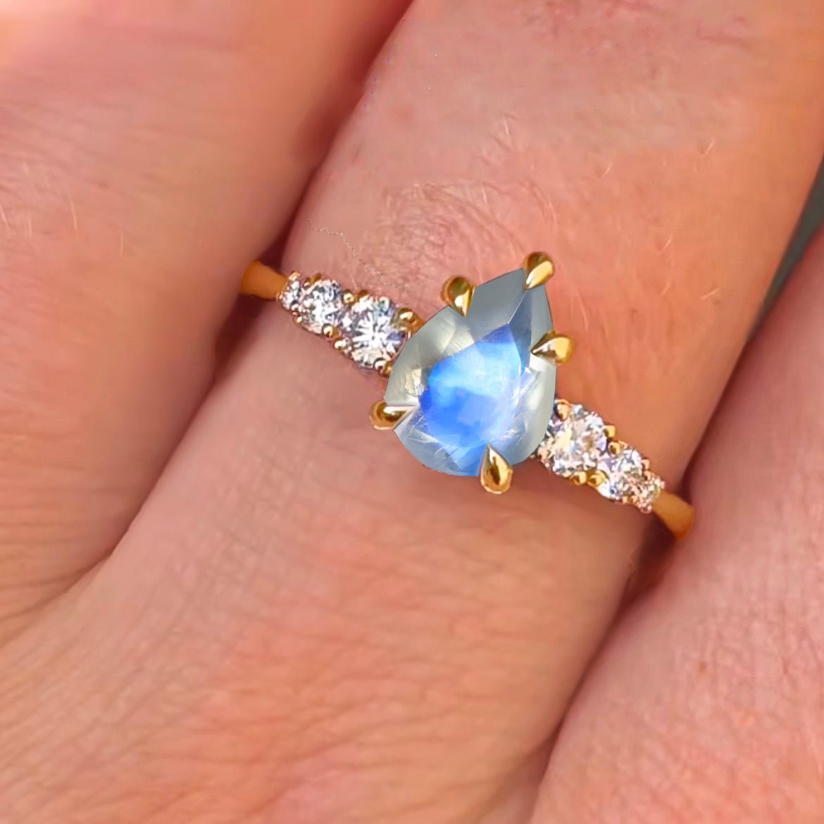 Pear Shape 7X5MM Natural Rainbow Moonstone Statement Ring - Goodstone Jewels