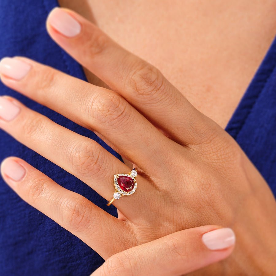 Pear Shape Faceted Natural Ruby Halo Ring - Goodstone Jewels