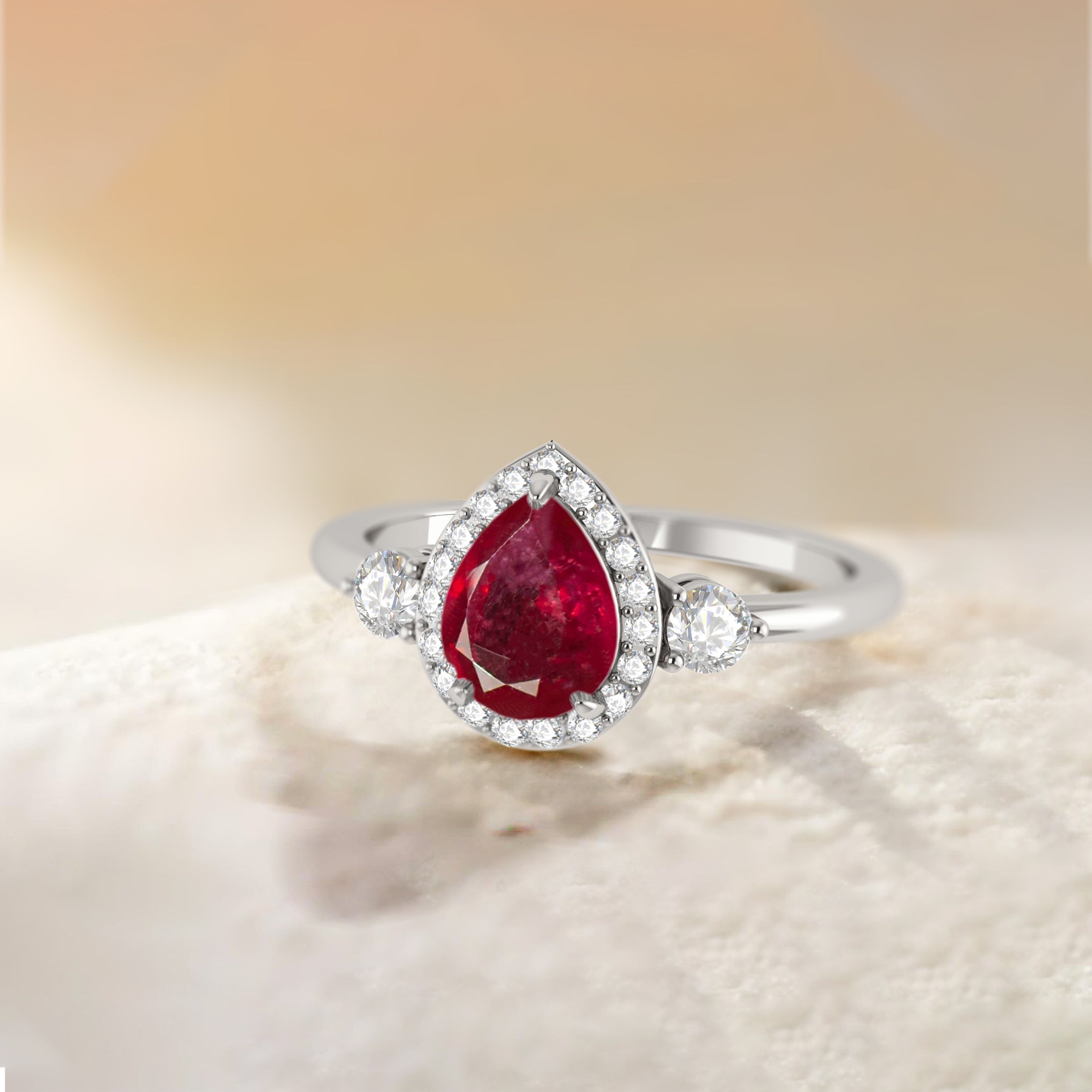 Pear Shape Faceted Natural Ruby Halo Ring - Goodstone Jewels