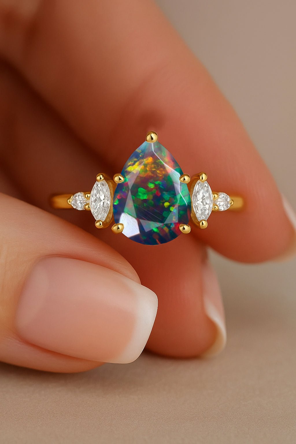 Pear Shape Fire Black Opal Solitaire Ring with Cubic Zironia - Goodstone Jewels