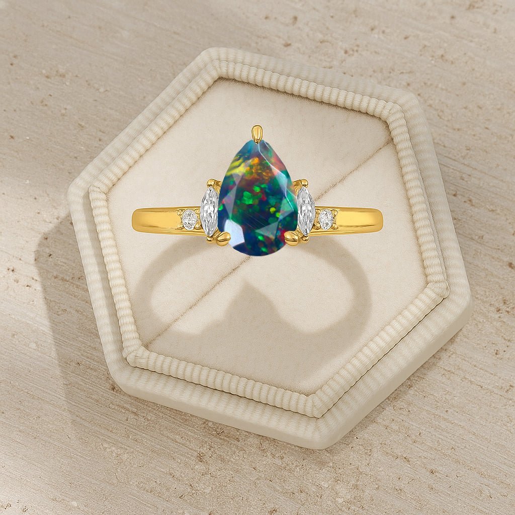 Pear Shape Fire Black Opal Solitaire Ring with Cubic Zironia - Goodstone Jewels