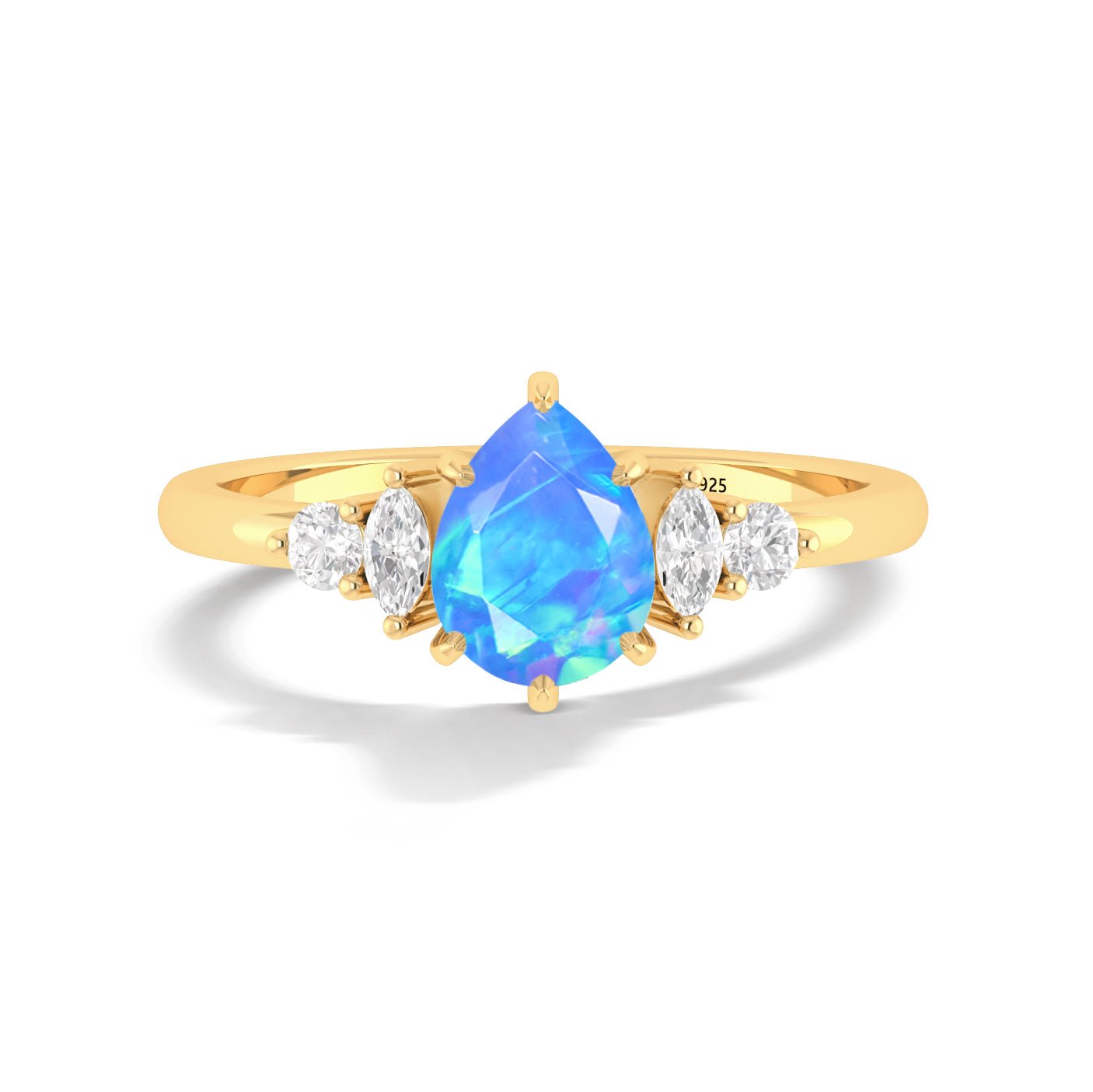 Pear Shape Fire Blue Opal Solitaire Ring with Cubic Zironia - Goodstone Jewels
