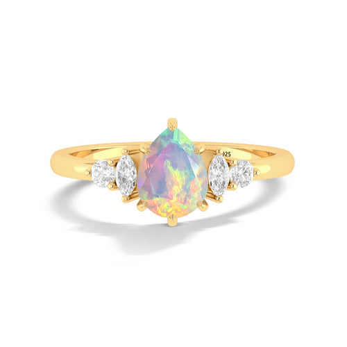 Pear Cut White Opal Solitaire Ring with Zirconia