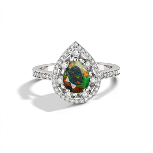 Pear Shape Natural Black Opal Statement Halo Ring