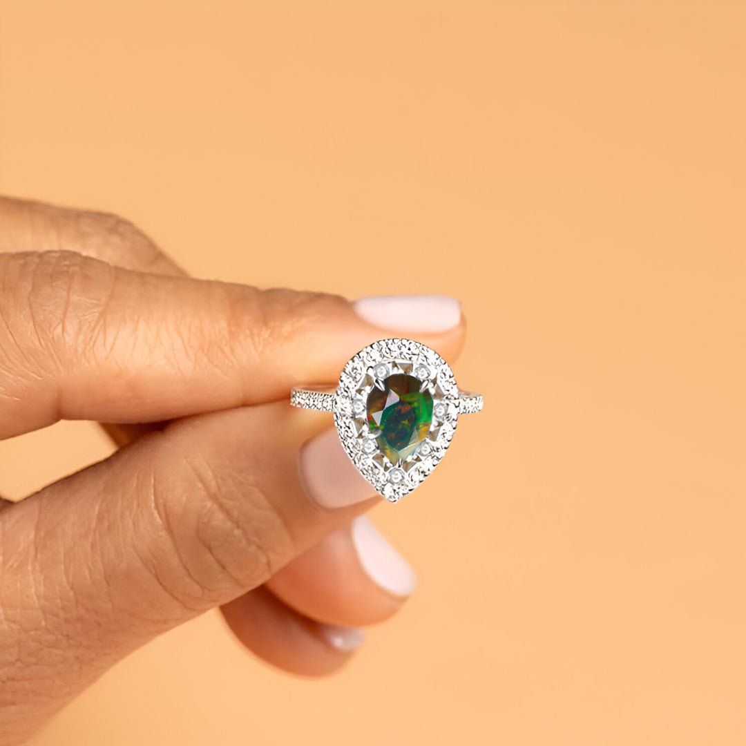 Pear Shape Natural Black Opal Statement Halo Ring - Goodstone Jewels