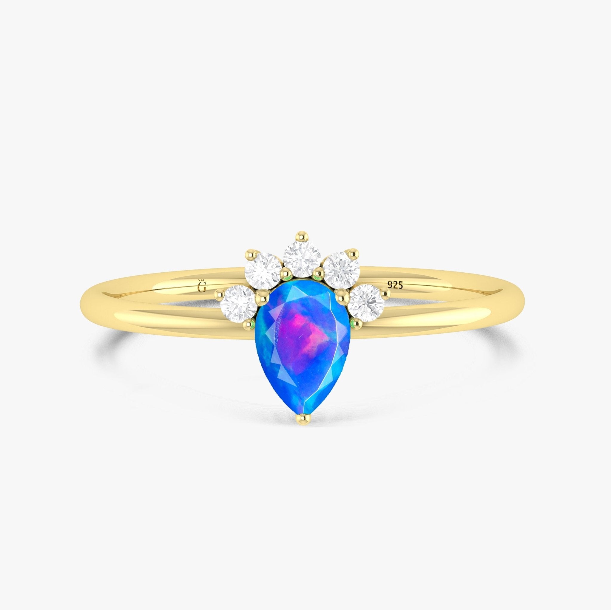 Pear Shape Natural Blue Opal and White Zircon Floral Ring - Goodstone Jewels