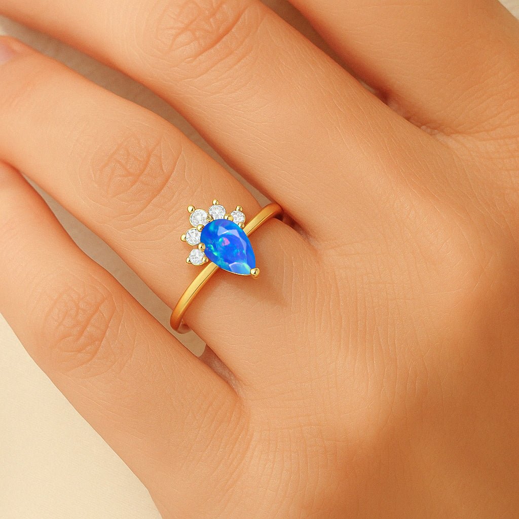 Pear Shape Natural Blue Opal and White Zircon Floral Ring - Goodstone Jewels