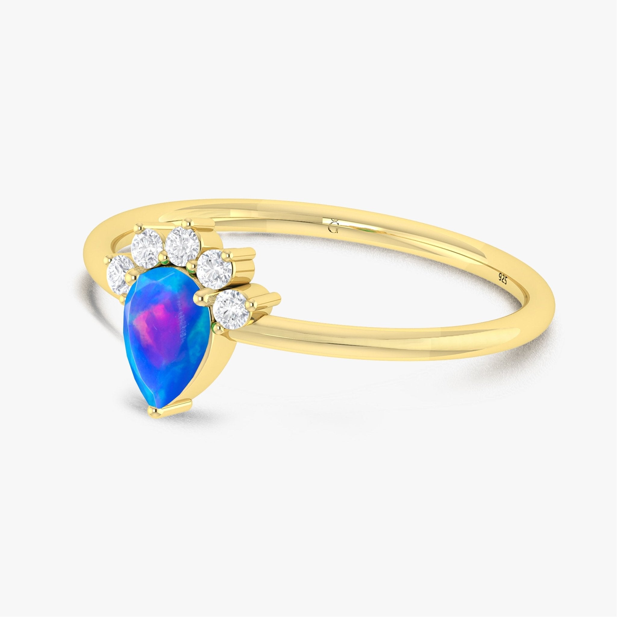 Pear Shape Natural Blue Opal and White Zircon Floral Ring - Goodstone Jewels