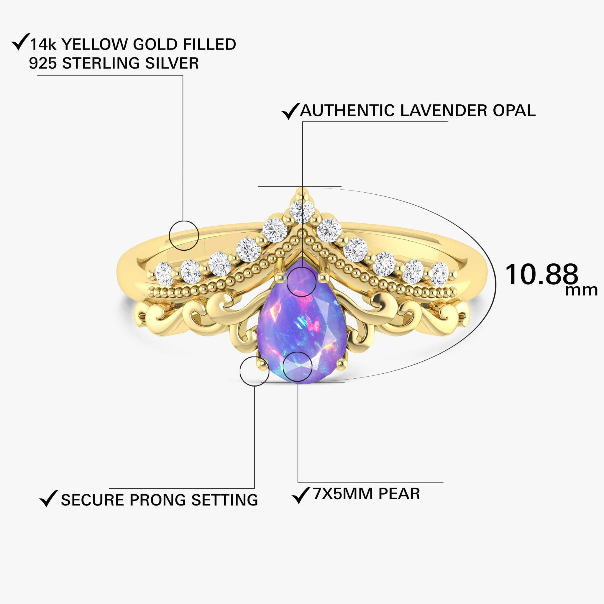 Pear Shape Natural Lavender Opal Crown Style Wishbone Ring - Goodstone Jewels