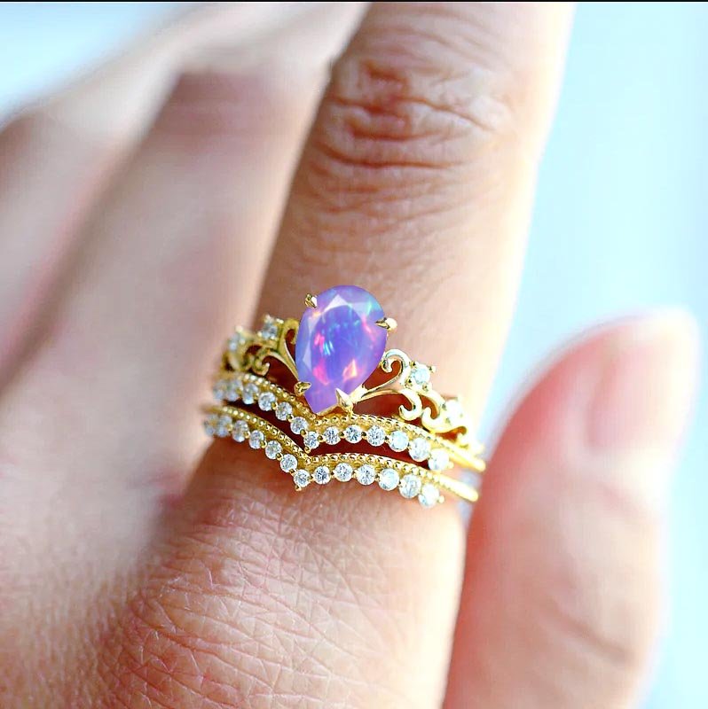 Pear Shape Natural Lavender Opal Crown Style Wishbone Ring - Goodstone Jewels