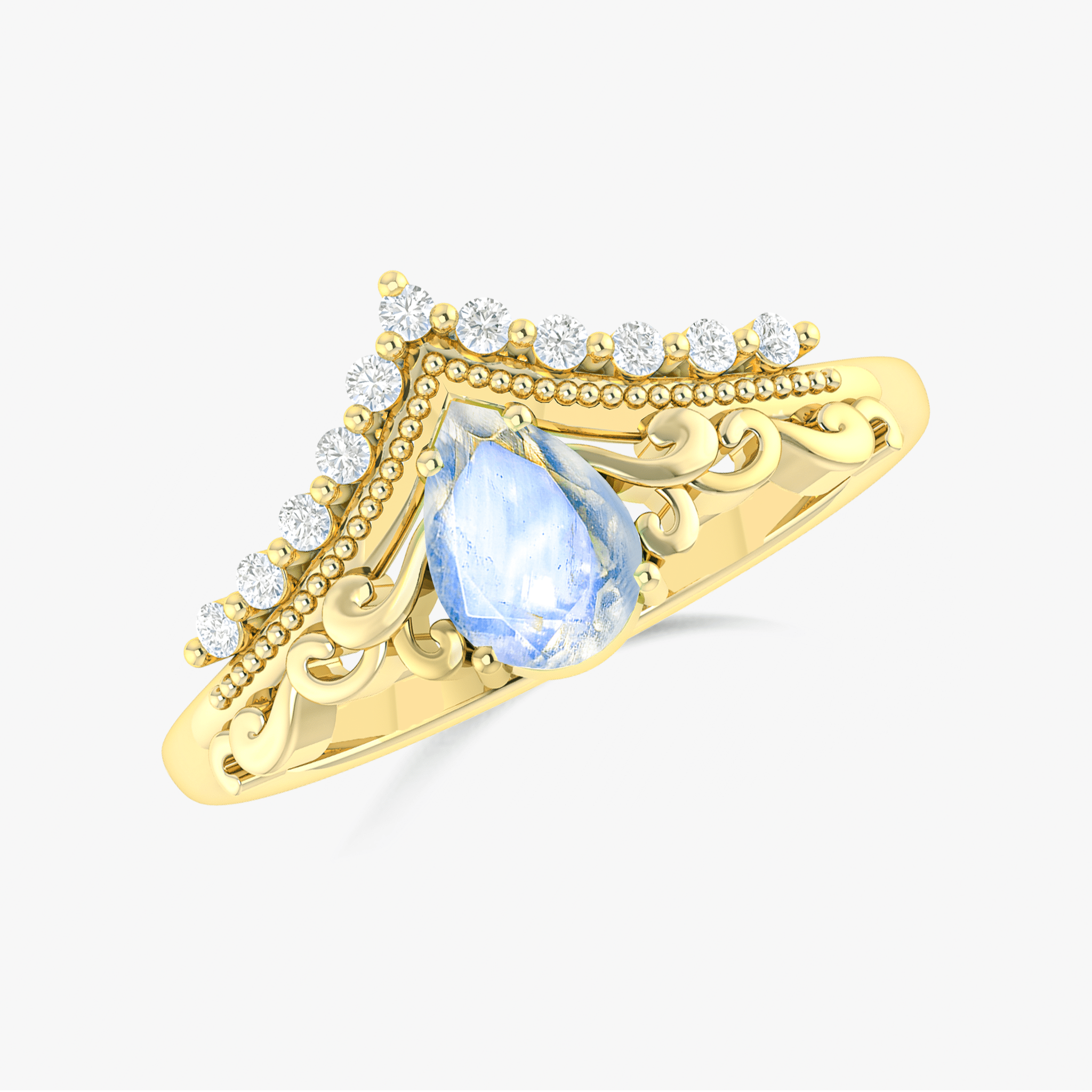 Pear Shape Natural Moonstone Crown Style Wishbone Ring - Goodstone Jewels