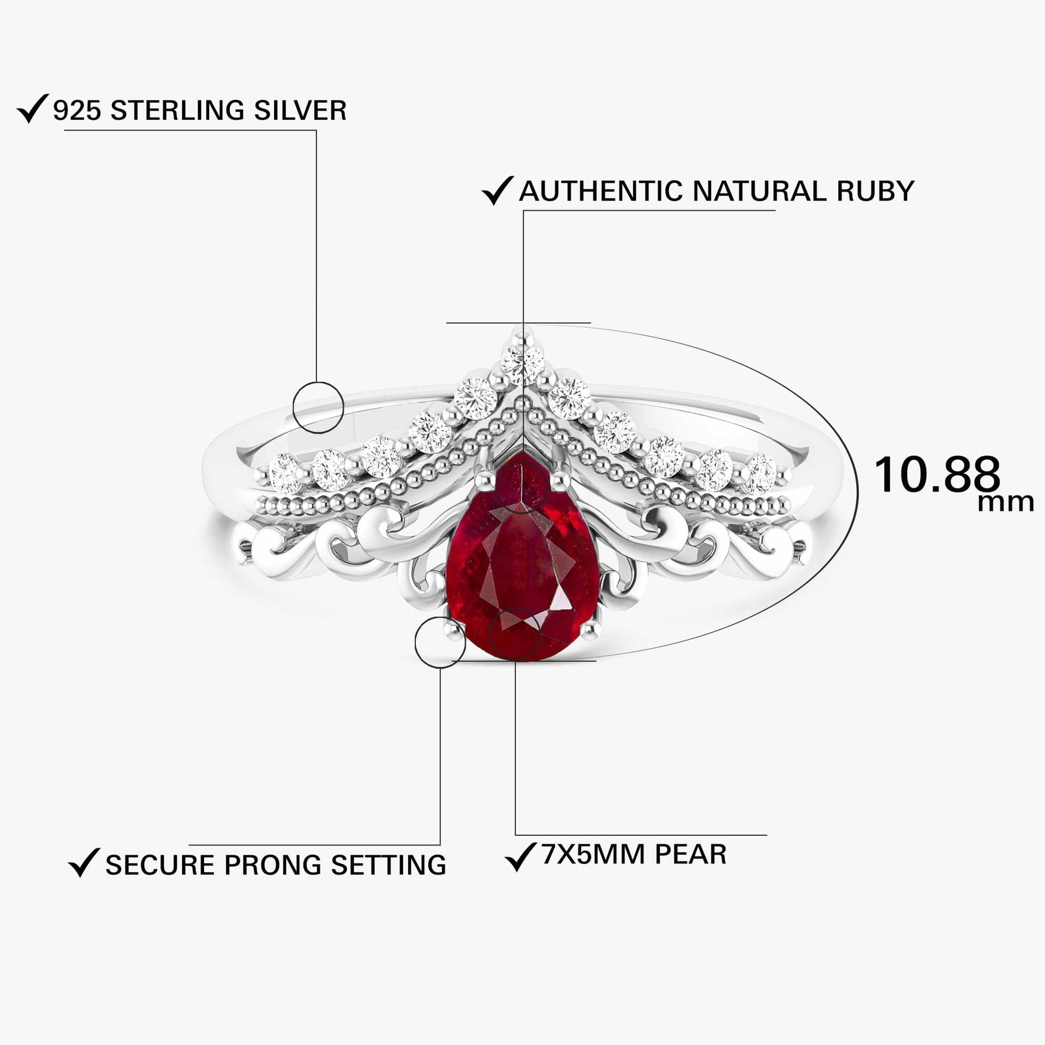 Pear Shape Natural Ruby Crown Style Wishbone Ring - Goodstone Jewels