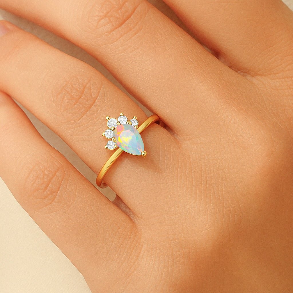 Pear Shape Natural White Opal and Zircon Floral Ring - Goodstone Jewels