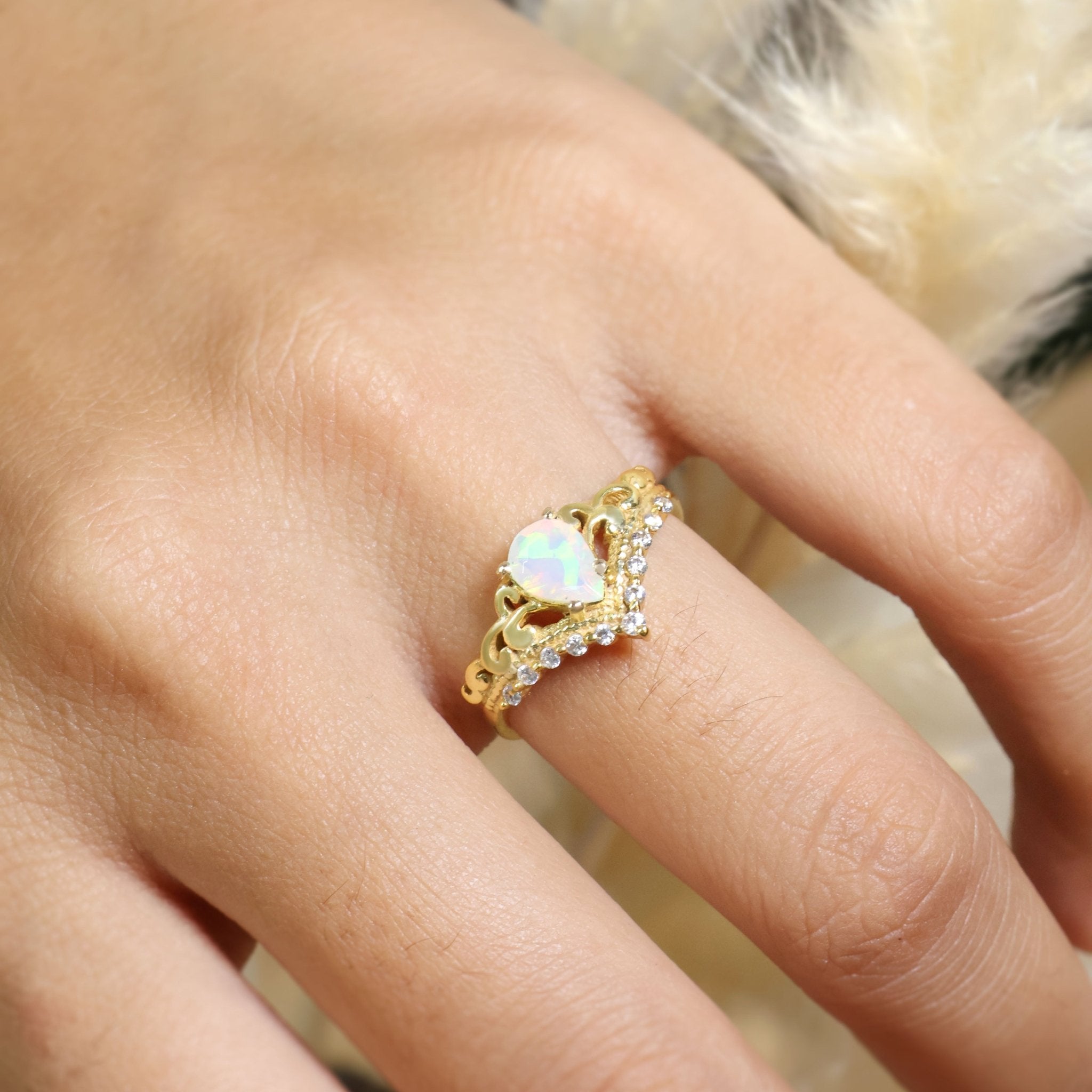 Pear Shape Natural White Opal Crown Style Wishbone Ring - Goodstone Jewels