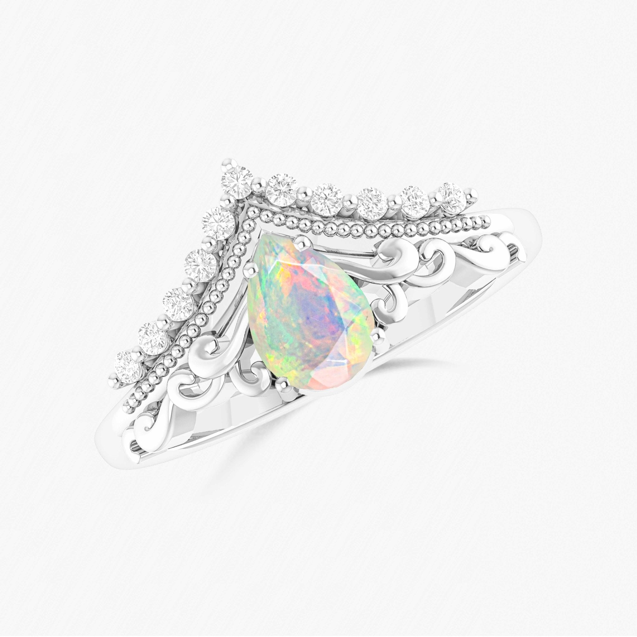 Pear Shape Natural White Opal Crown Style Wishbone Ring - Goodstone Jewels