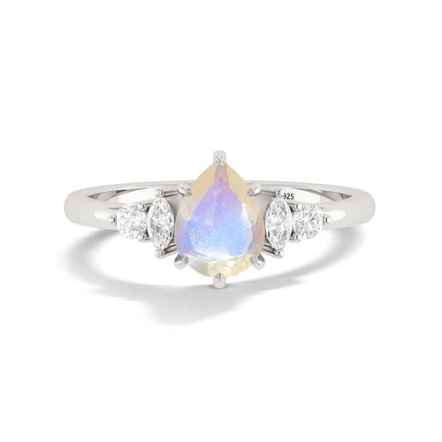 Pear Moonstone Solitaire Ring with Zirconia Accents