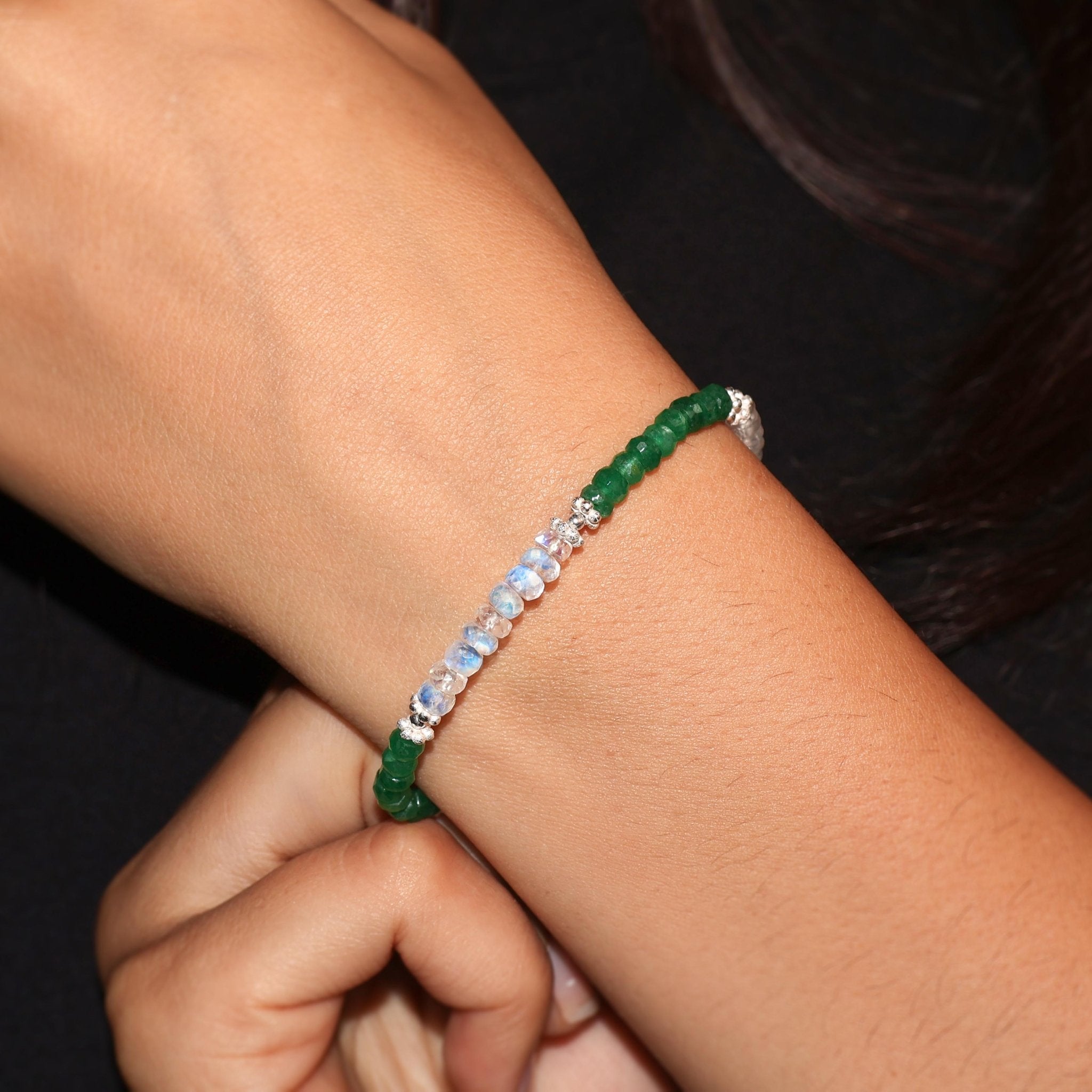 Rondelle Natural Emerald & Moonstone Pencil Beaded Bracelet - Goodstone Jewels
