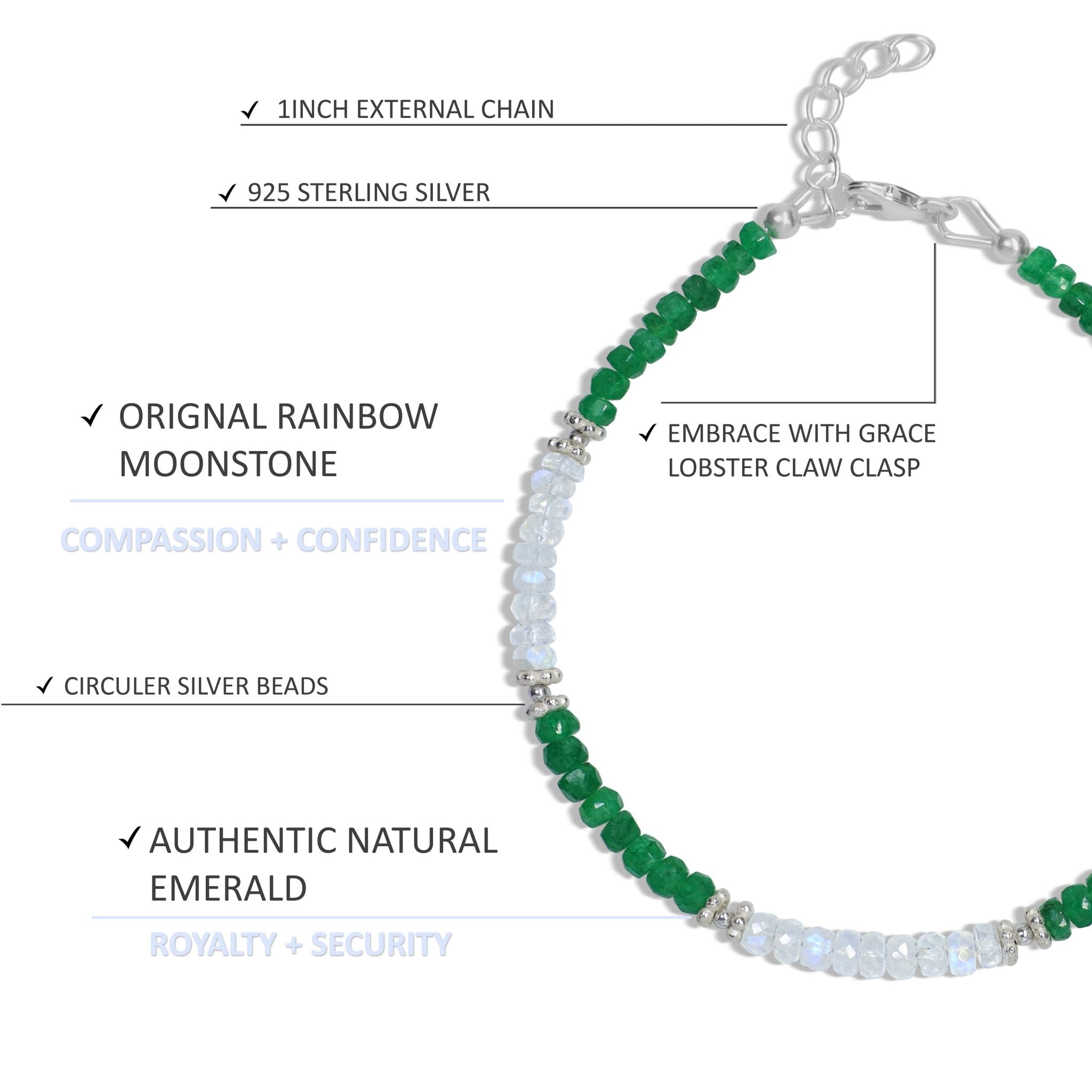 Rondelle Natural Emerald & Moonstone Pencil Beaded Bracelet - Goodstone Jewels