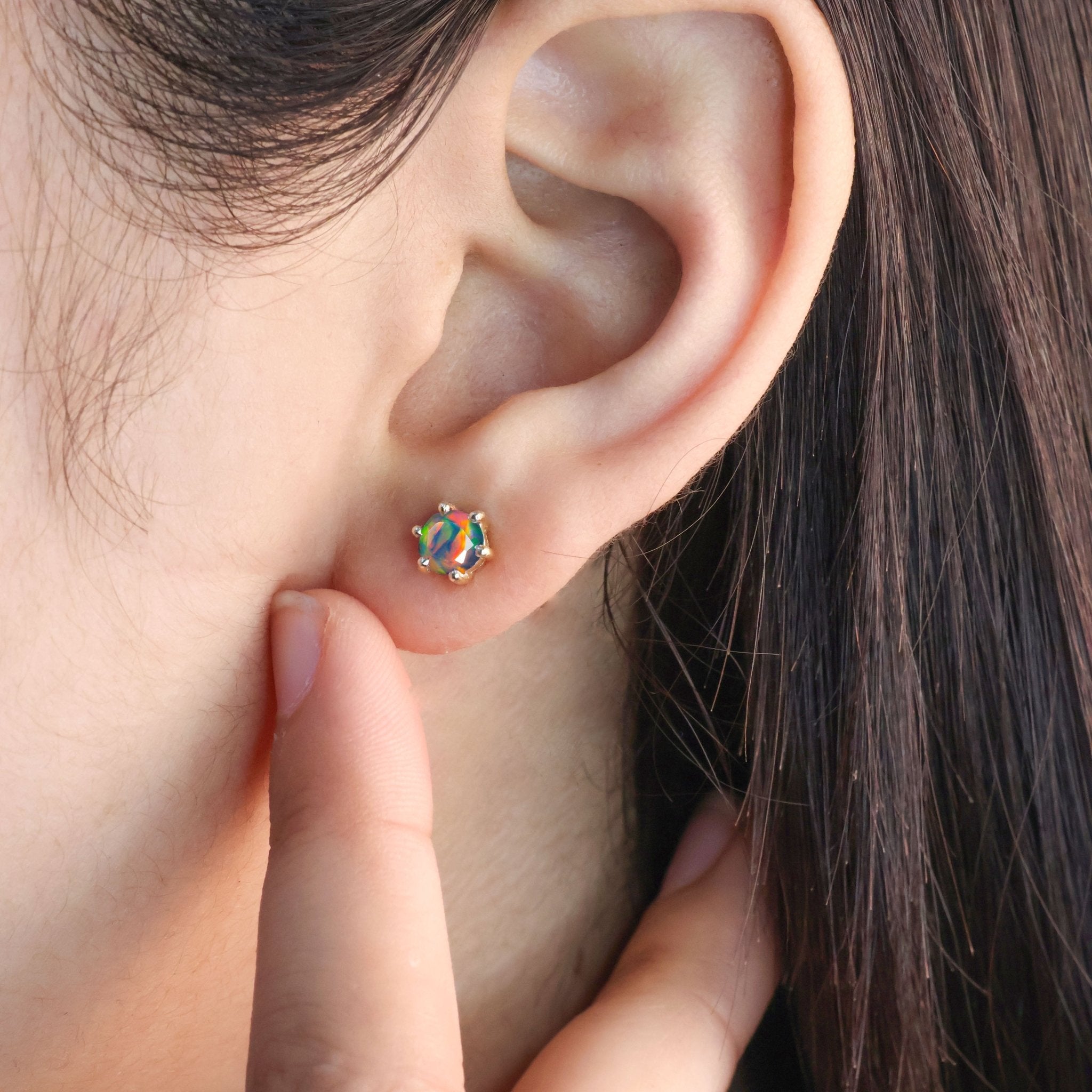 Round Black Opal Gemstone Simple Stud Earring - Goodstone Jewels