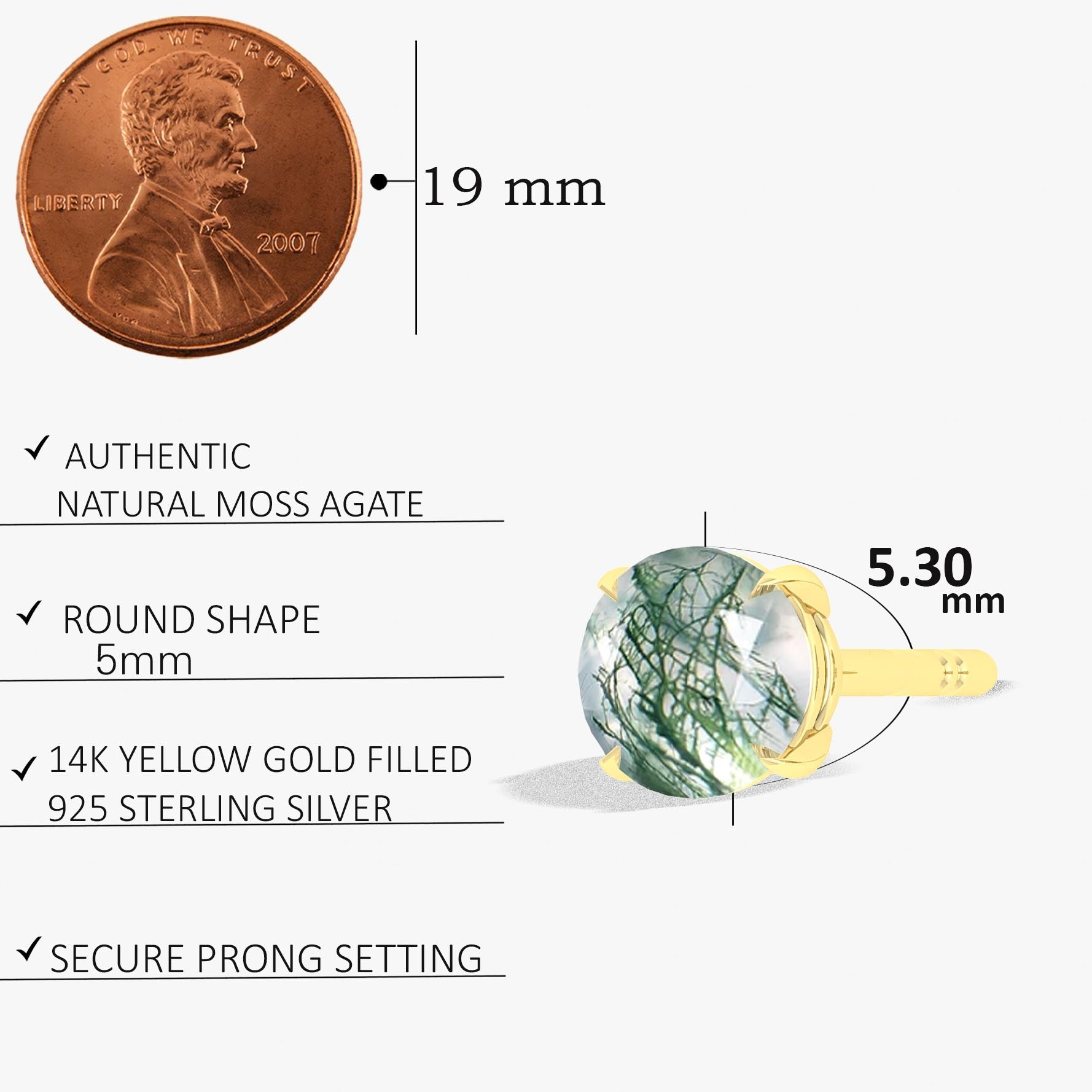 Round Moss Agate Gemstone Simple Stud Earring - Goodstone Jewels