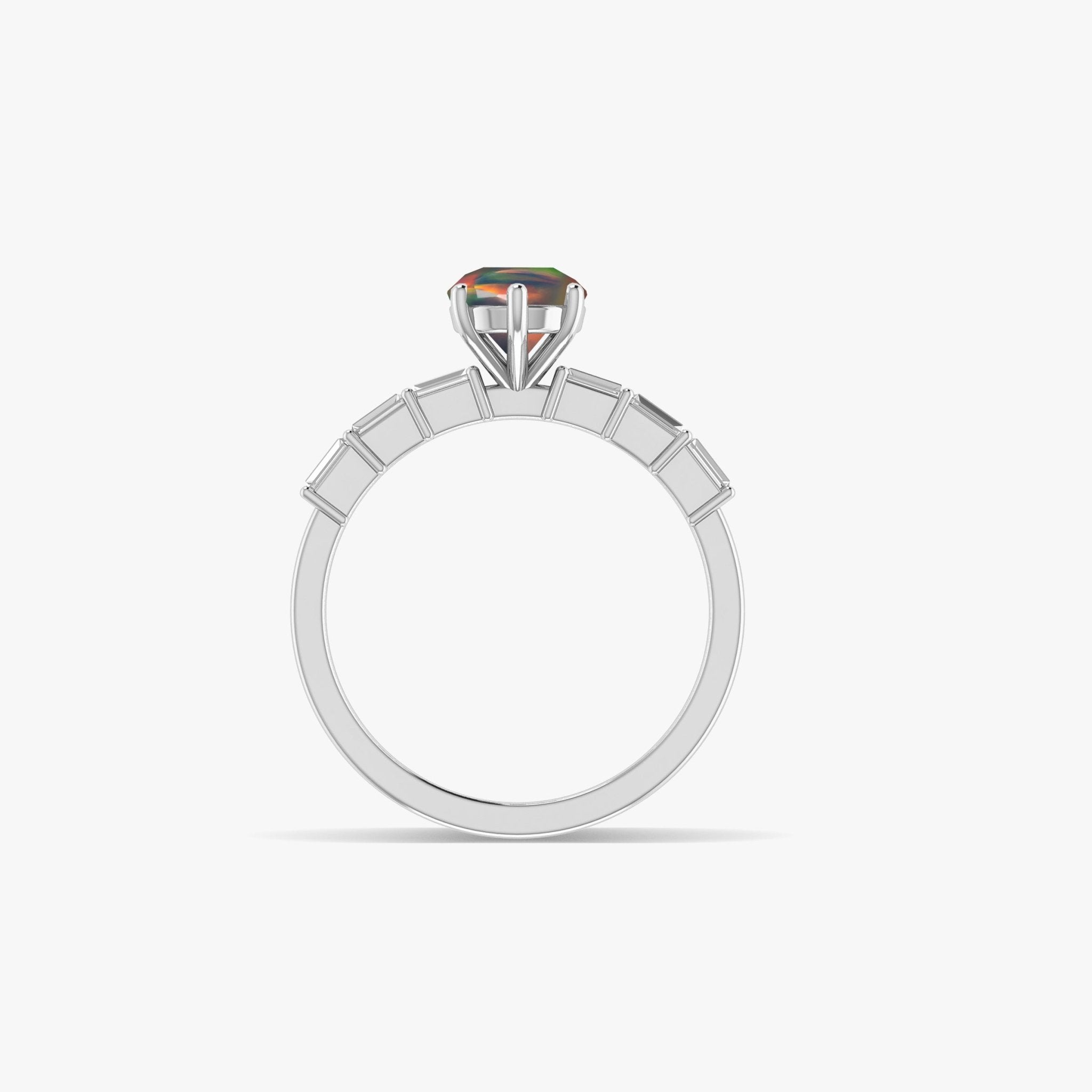 Round Shape Natural Black Opal Ring with White Zircon Side Stone - Goodstone Jewels