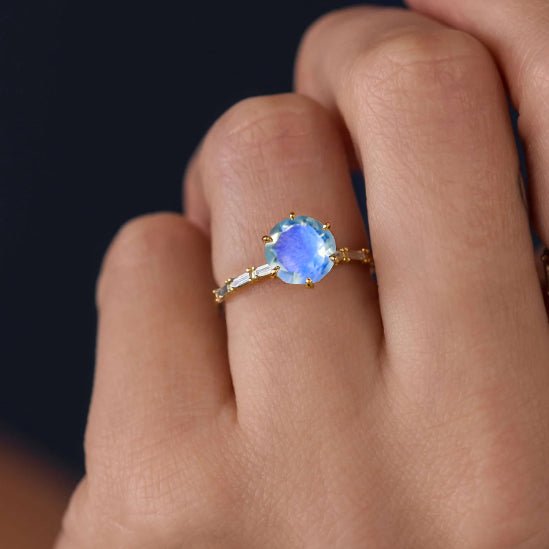 Round Shape Natural Moonstone Ring with White Zircon Side Stone - Goodstone Jewels