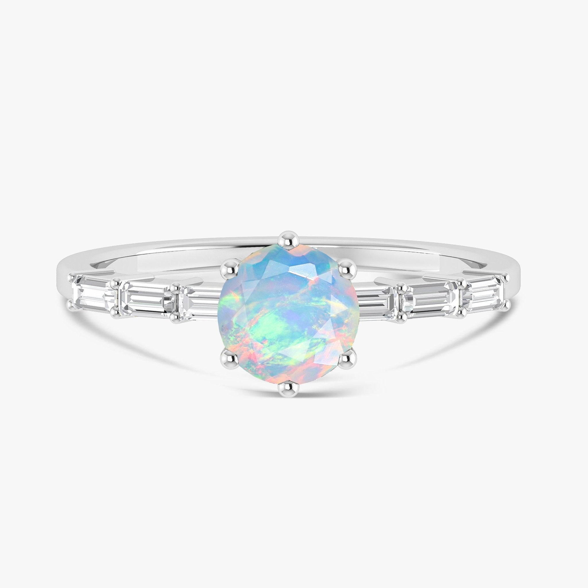 Round Shape Natural White Opal Ring with White Zircon Side Stone - Goodstone Jewels