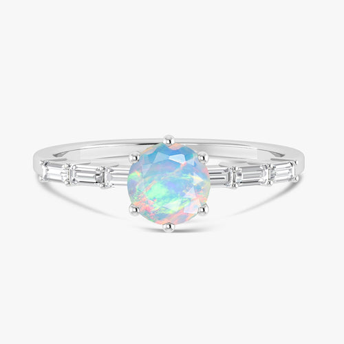 White Opal Statement Solitaire Ring with Zircon Side Stone