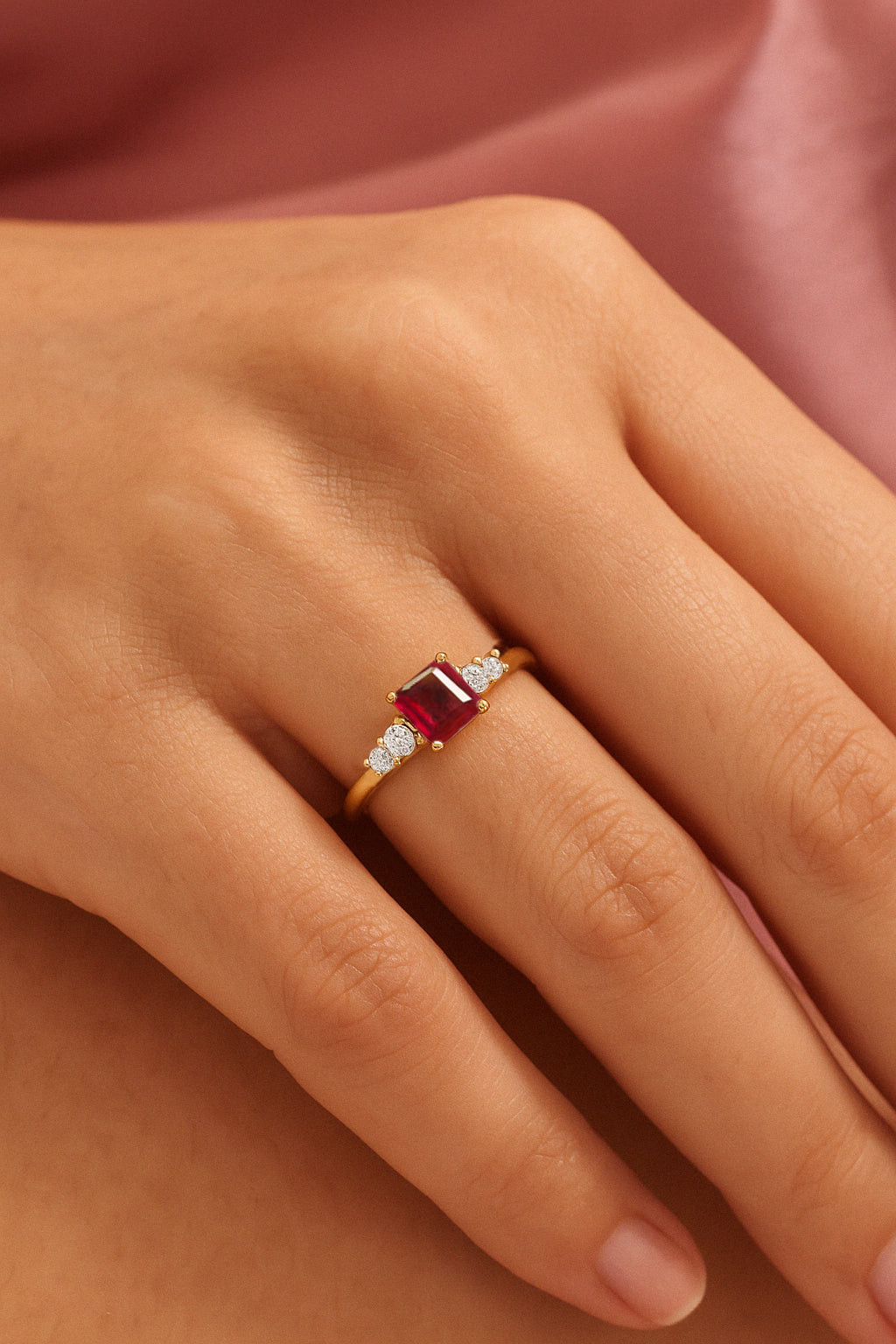 Natural Ruby Square Stone with Side Zircon Statement Ring