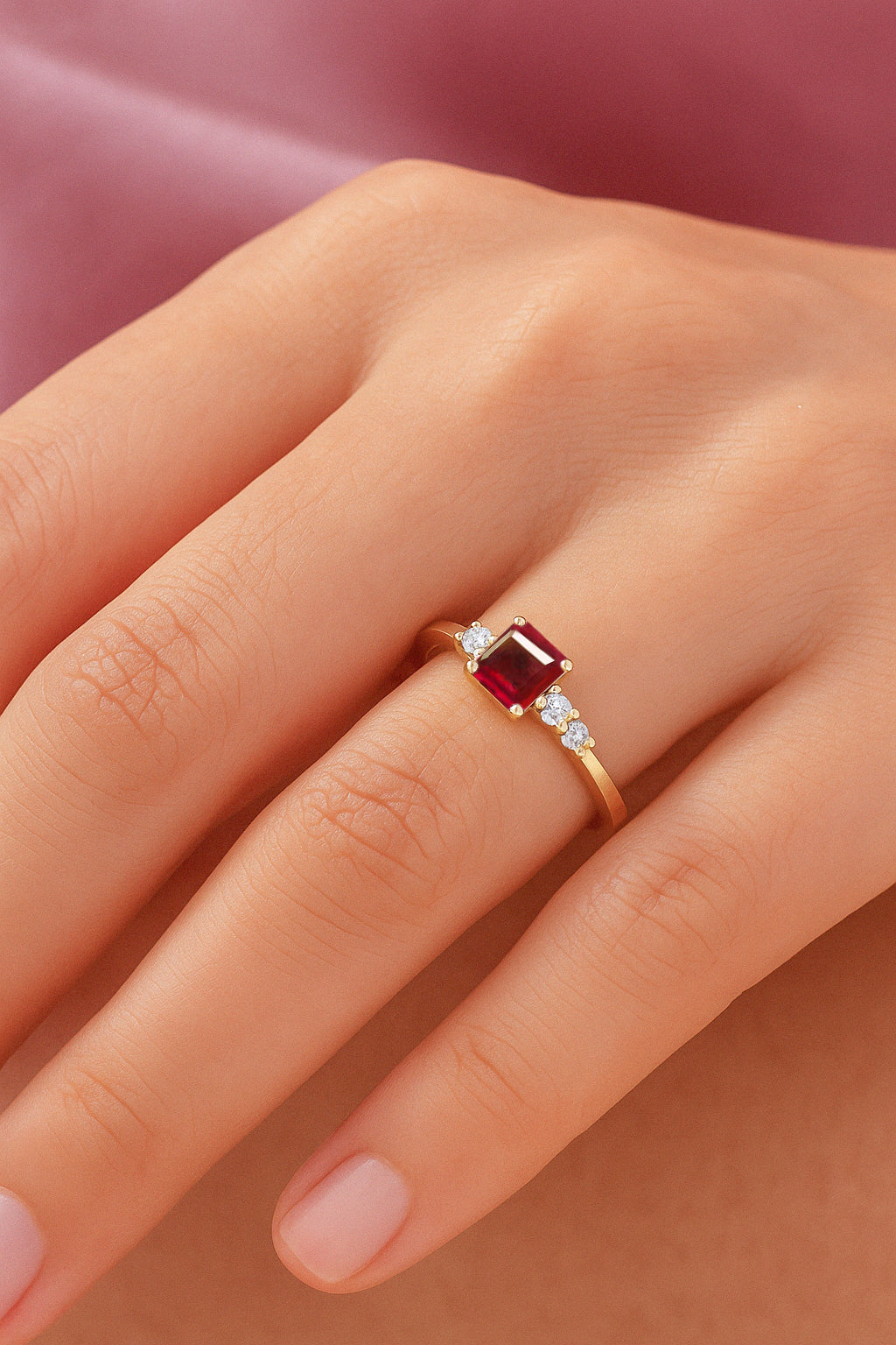 Natural Ruby Square Stone with Side Zircon Statement Ring