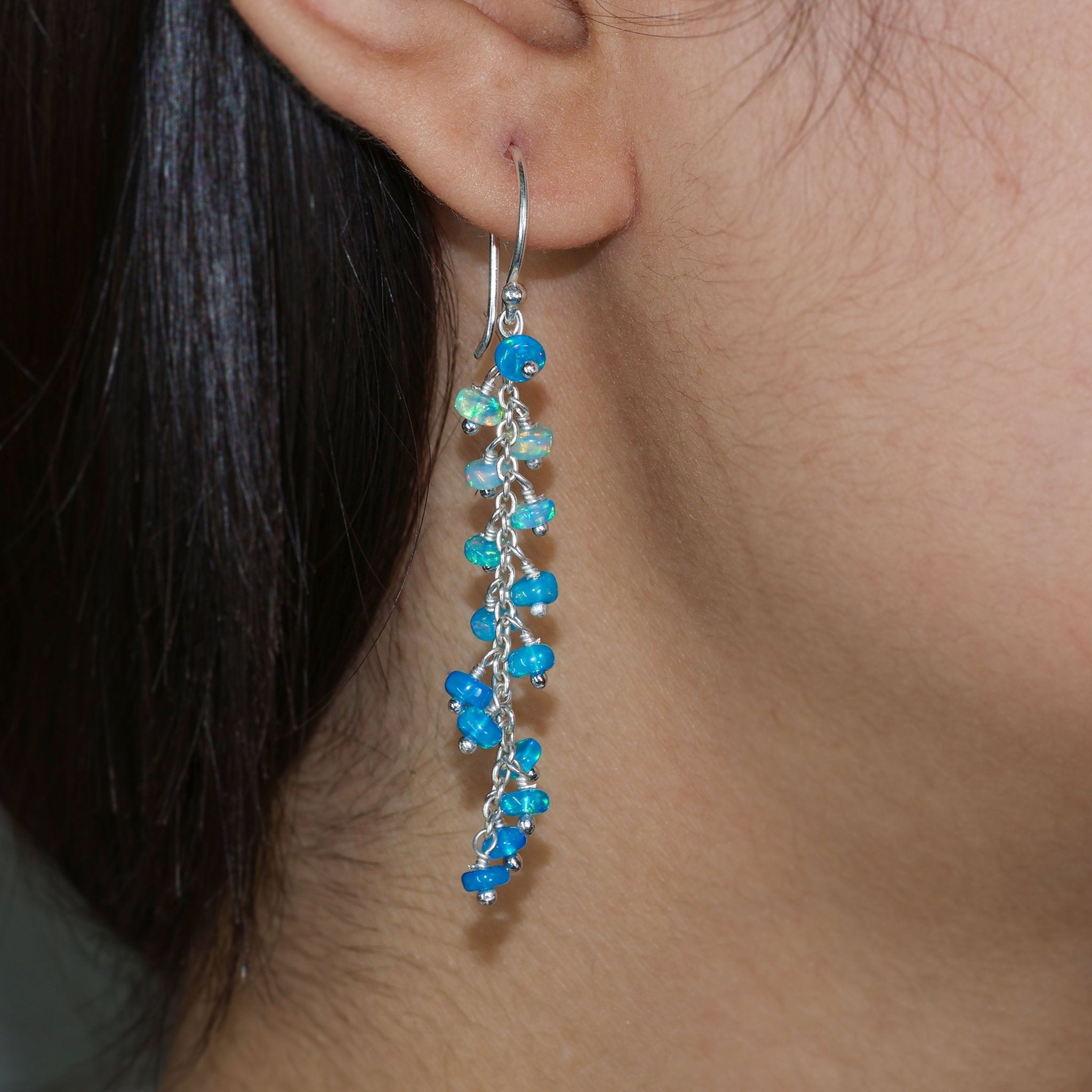 Sky Blue fire Ethiopian opal beaded chain cluster earrings - Goodstone Jewels