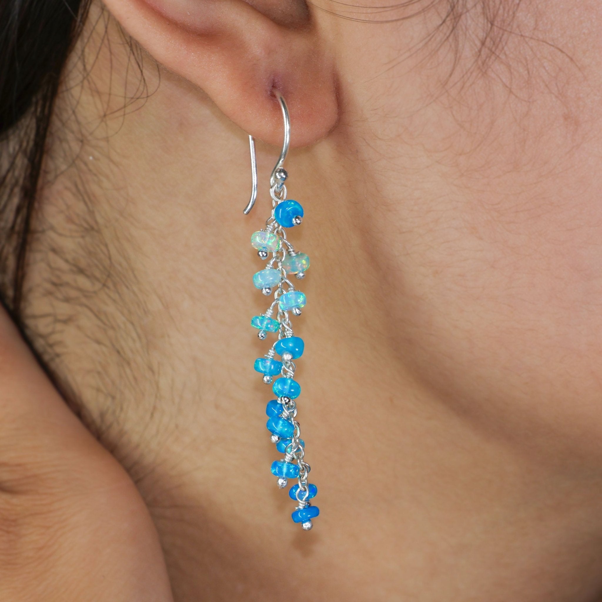 Sky Blue fire Ethiopian opal beaded chain cluster earrings - Goodstone Jewels
