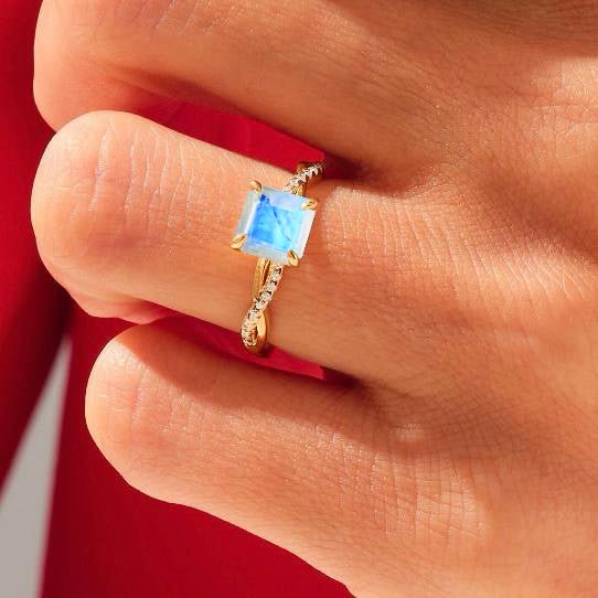 Square Shape Natural Moonstone Crossover Ring - Goodstone Jewels