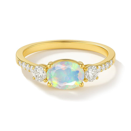 Natural White Opal Three Stone Ring with Birthstone Faceted Design