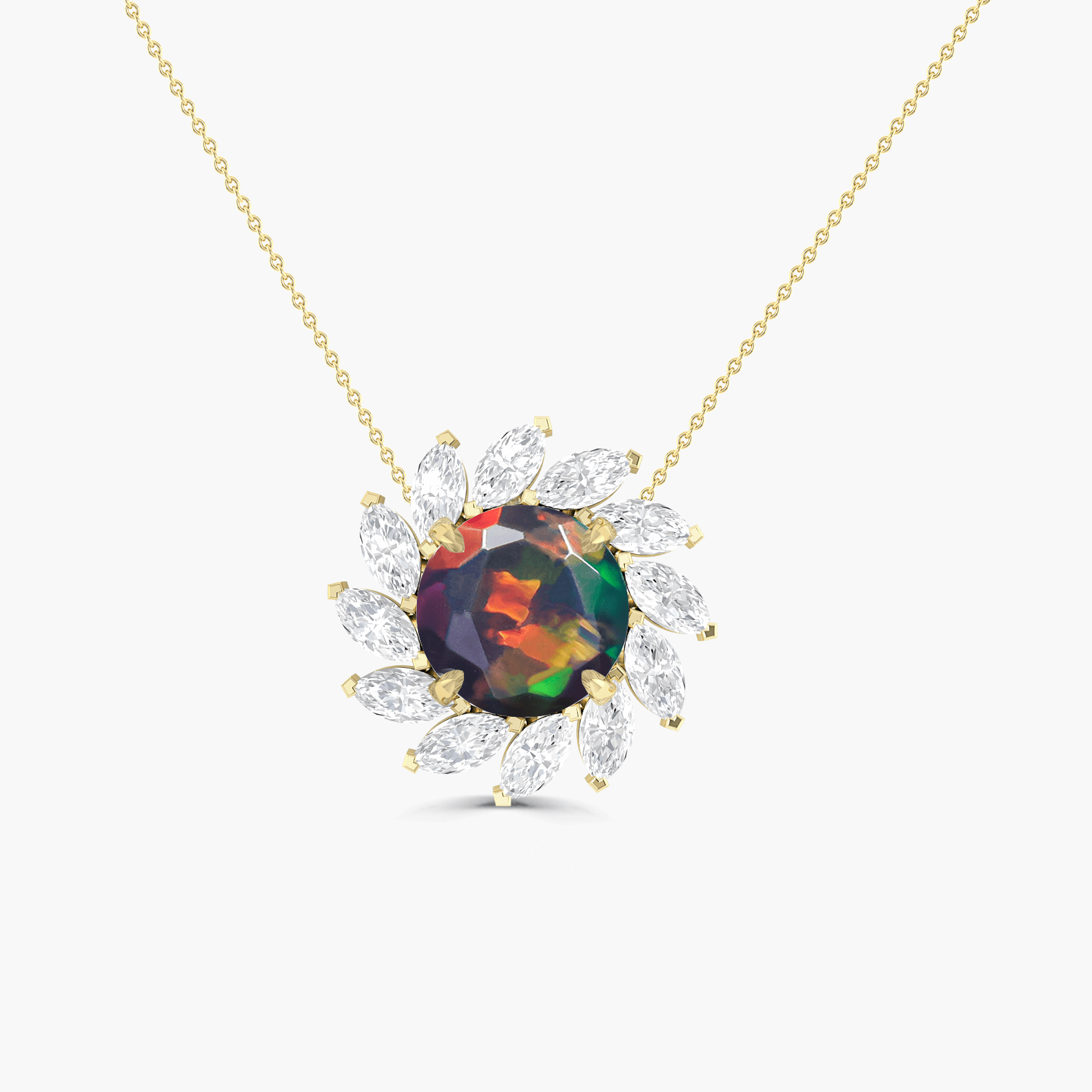 Sunflower Style Charm Pendant Necklace with Natural Black Opal and White Zircon - Goodstone Jewels