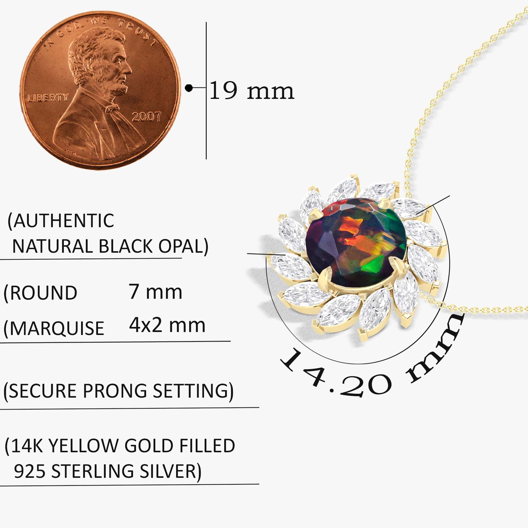 Sunflower Style Charm Pendant Necklace with Natural Black Opal and White Zircon - Goodstone Jewels