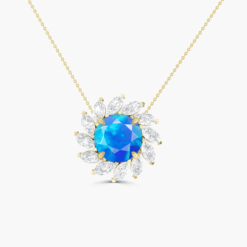 Sunflower Style Charm Pendant Necklace with Natural Blue Opal and White Zircon