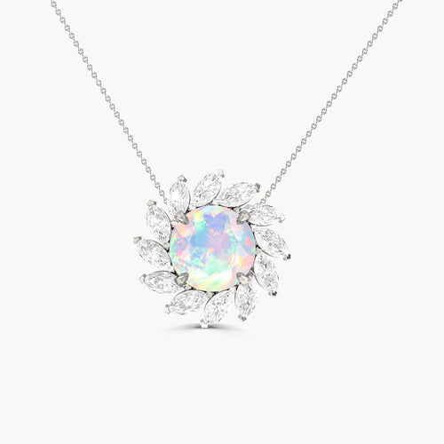 Sunflower Style Charm Pendant Necklace with Natural White Opal and Zircon
