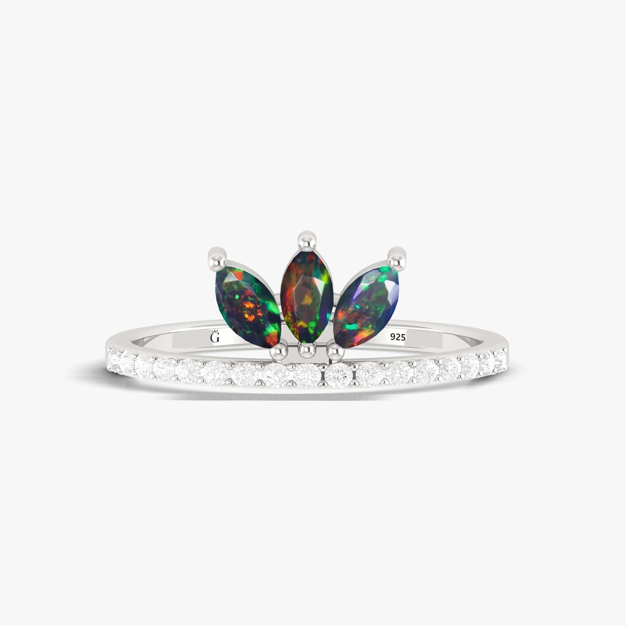 Three Stone Natural Black Opal & White Zircon Half Eternity Ring - Goodstone Jewels
