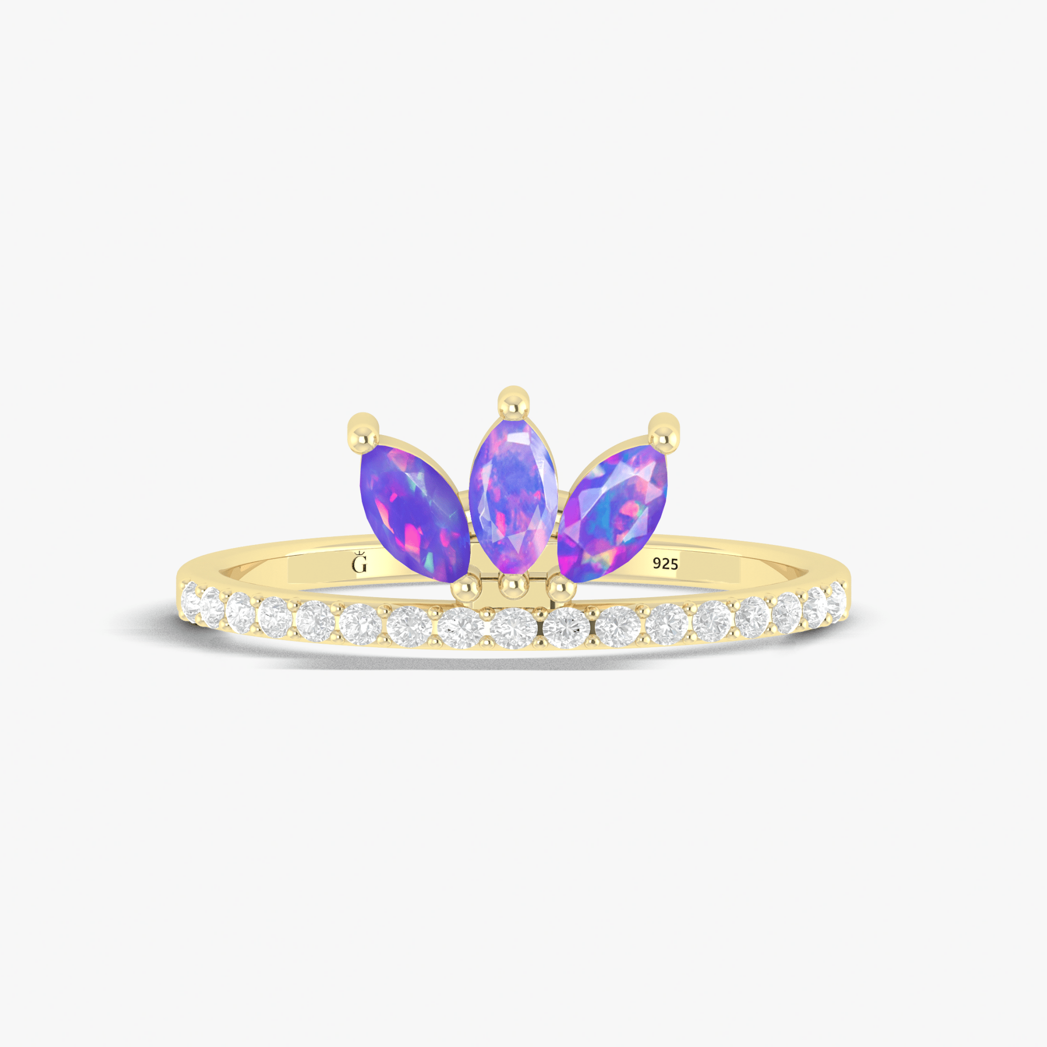 Three Stone Natural Lavender Opal & White Zircon Half Eternity Ring - Goodstone Jewels