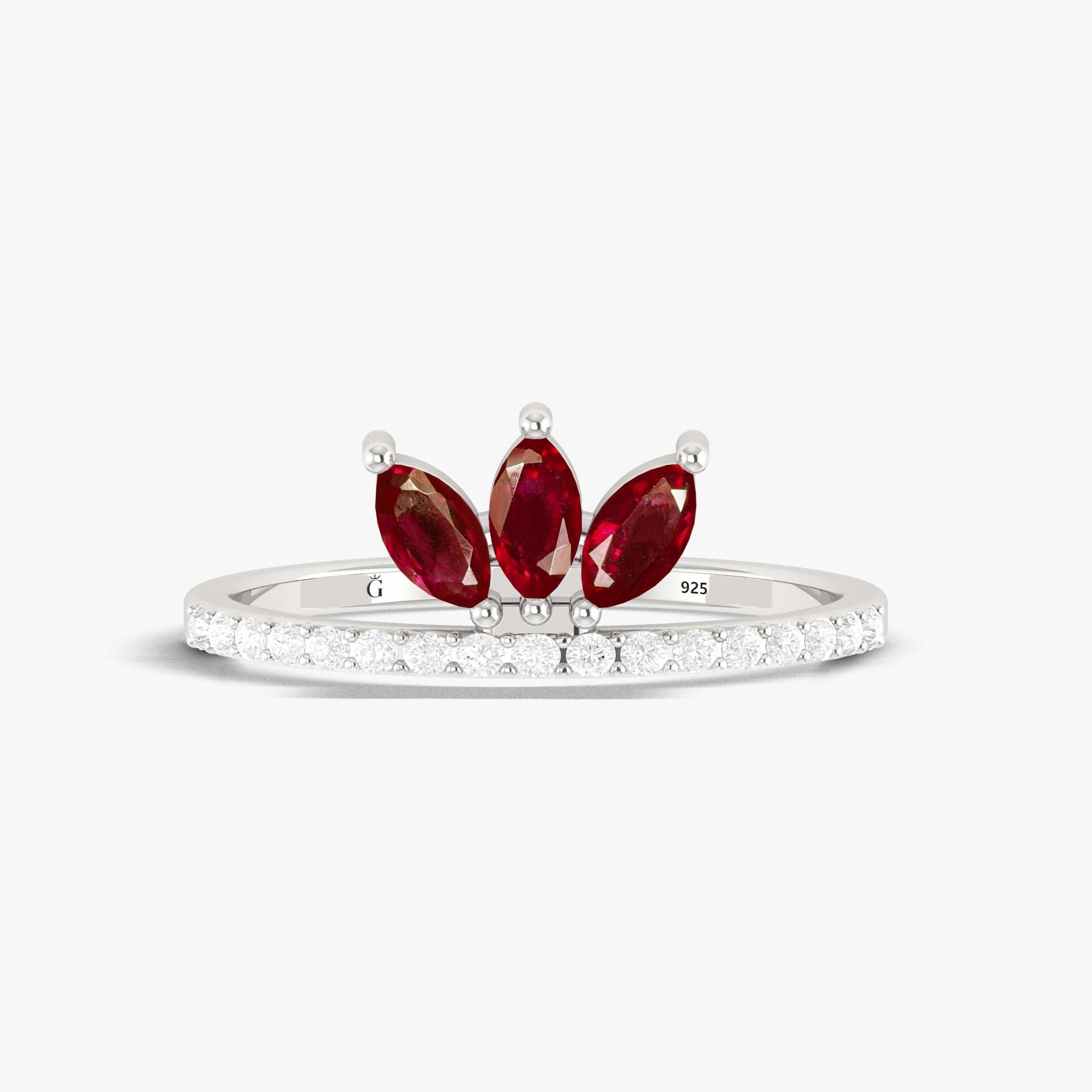 Three Stone Natural Ruby & White Zircon Half Eternity Ring - Goodstone Jewels