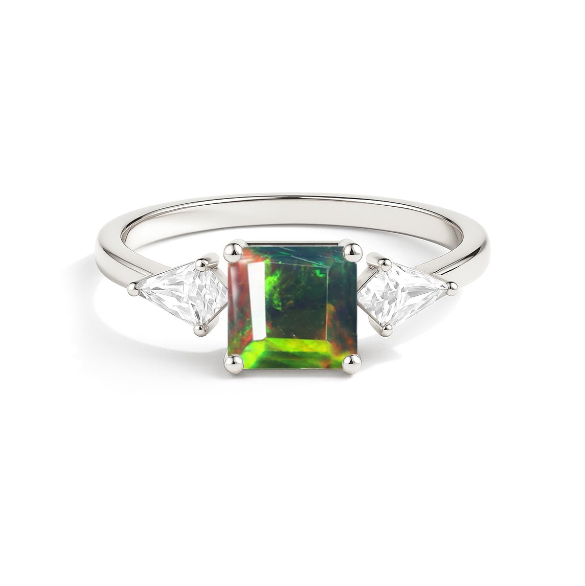 Three Stone Ring with Natural Black Opal and Cubic Zirconia for Her - Goodstone Jewels