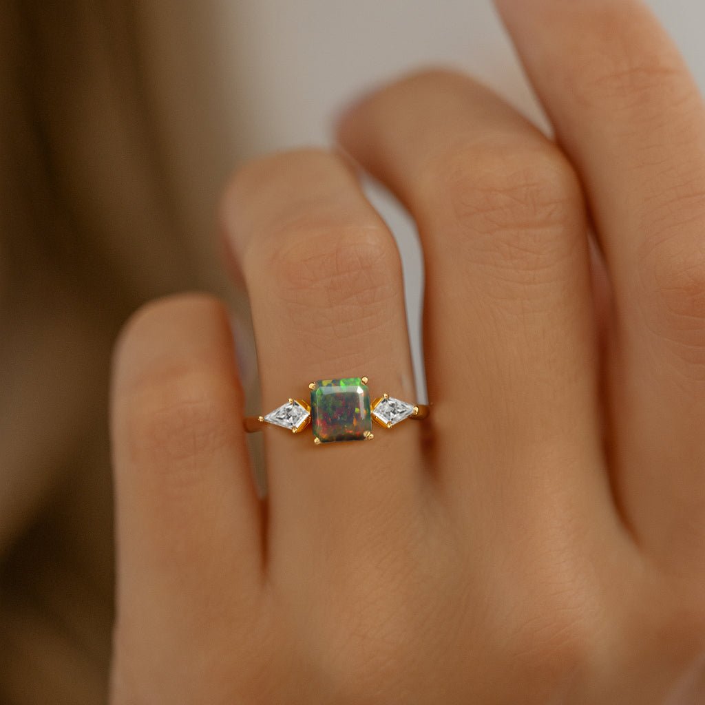 Three Stone Ring with Natural Black Opal and Cubic Zirconia for Her - Goodstone Jewels