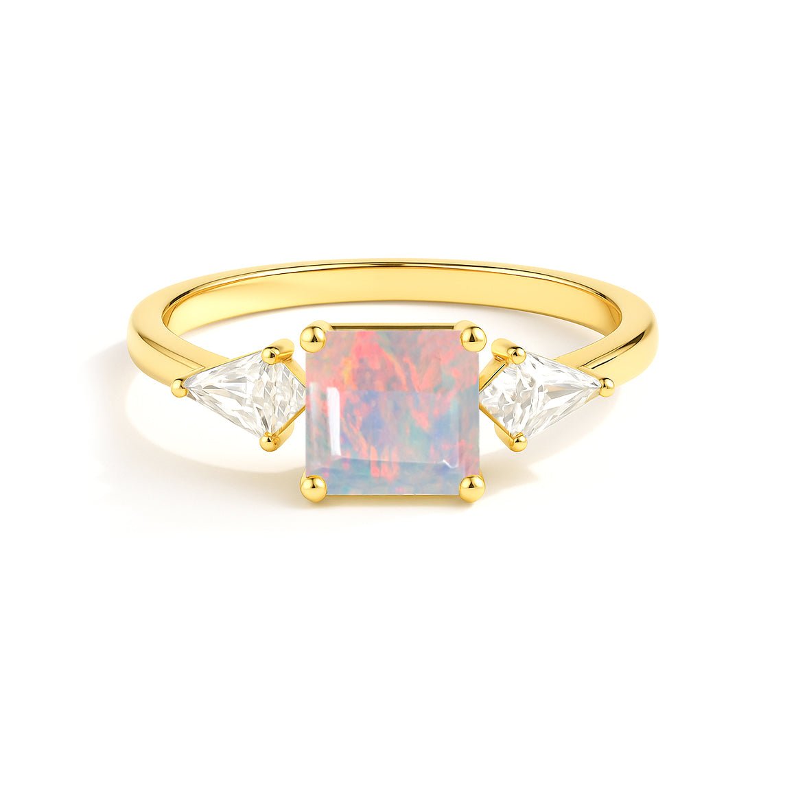 Three Stone Ring with Natural White Opal and Cubic Zirconia for Her - Goodstone Jewels