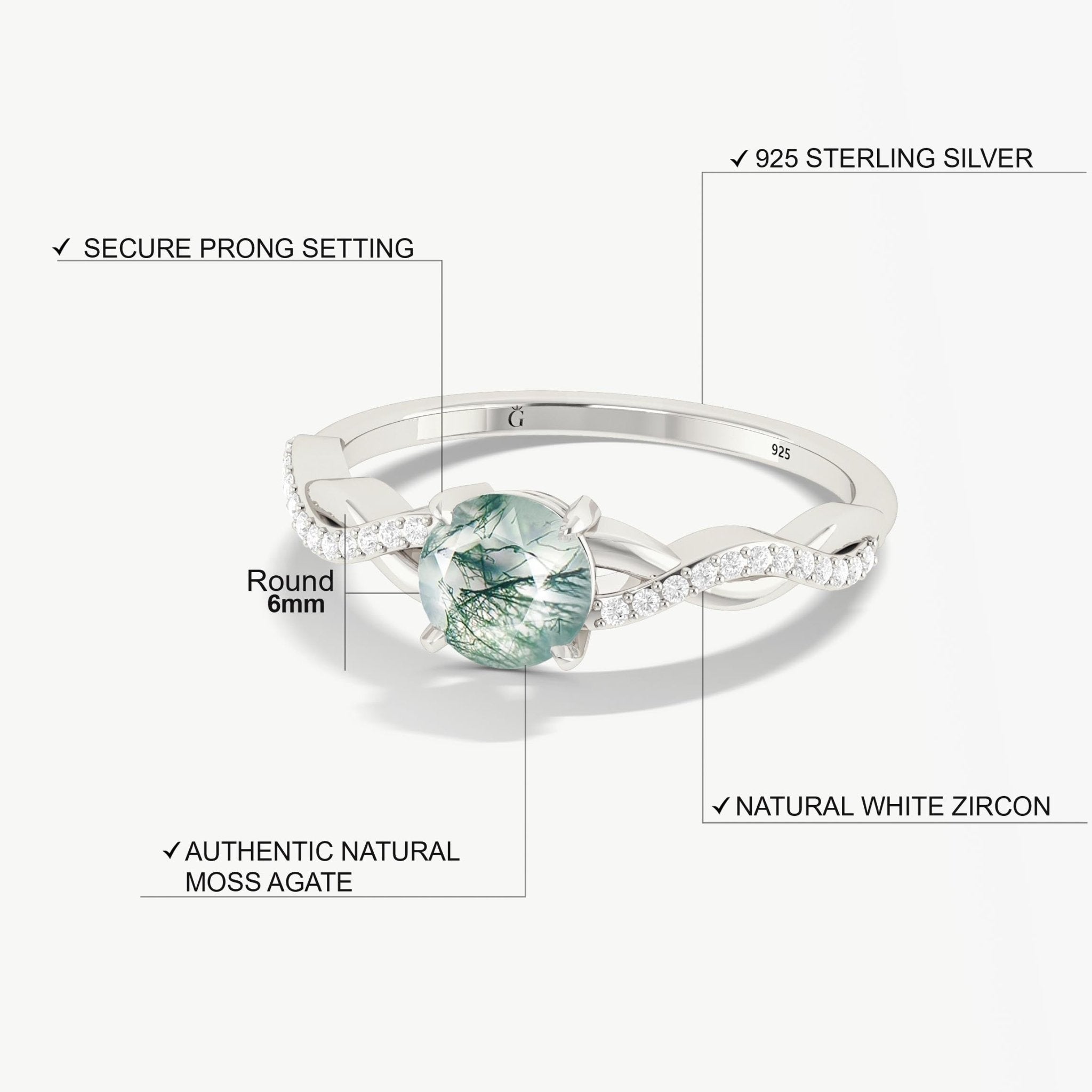 Tiny Round Moss Agate 18K Gold vermail or Silver Wedding ring - Goodstone Jewels