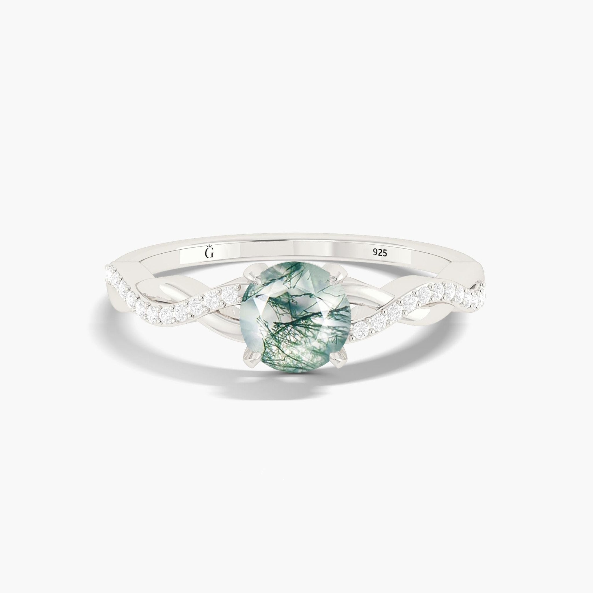 Tiny Round Moss Agate 18K Gold vermail or Silver Wedding ring - Goodstone Jewels