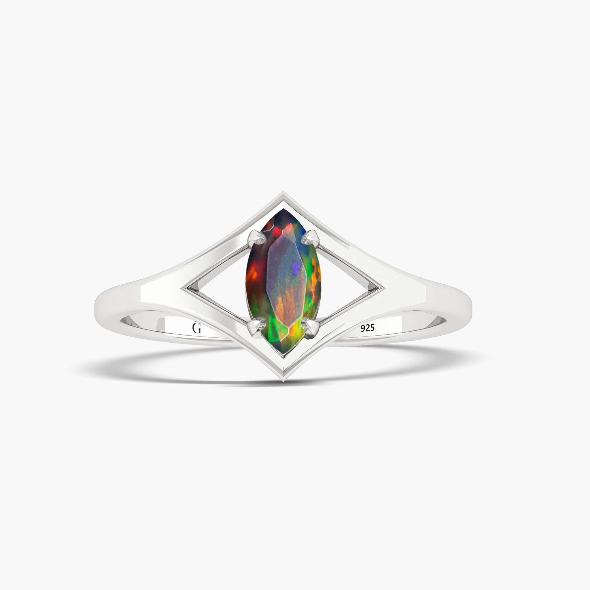 Unique fire Marquise Black Shape opal wedding ring - Goodstone Jewels