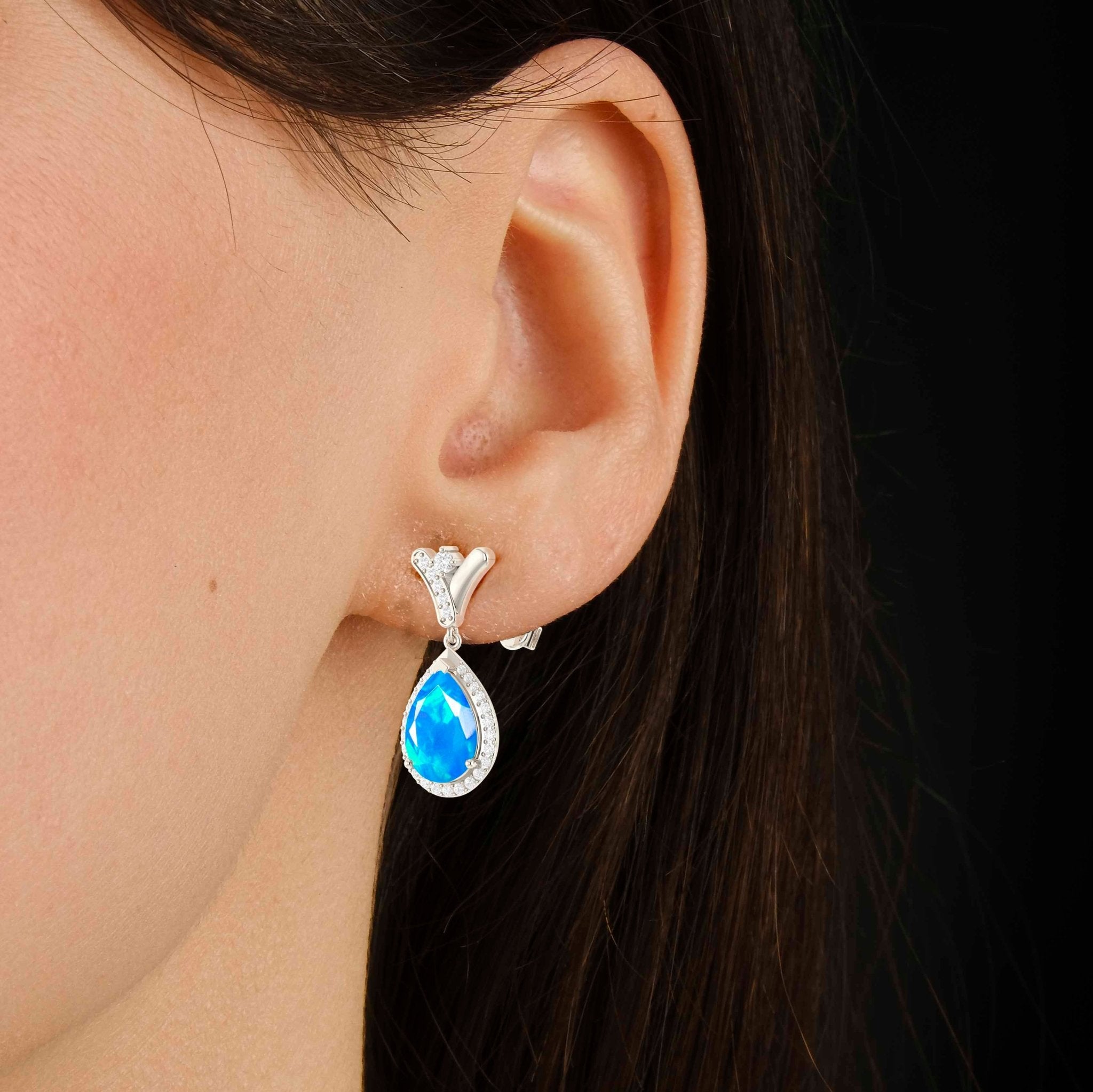 'V' Shape Style Natural Blue Opal Drop Earrings with Push Back - Goodstone Jewels