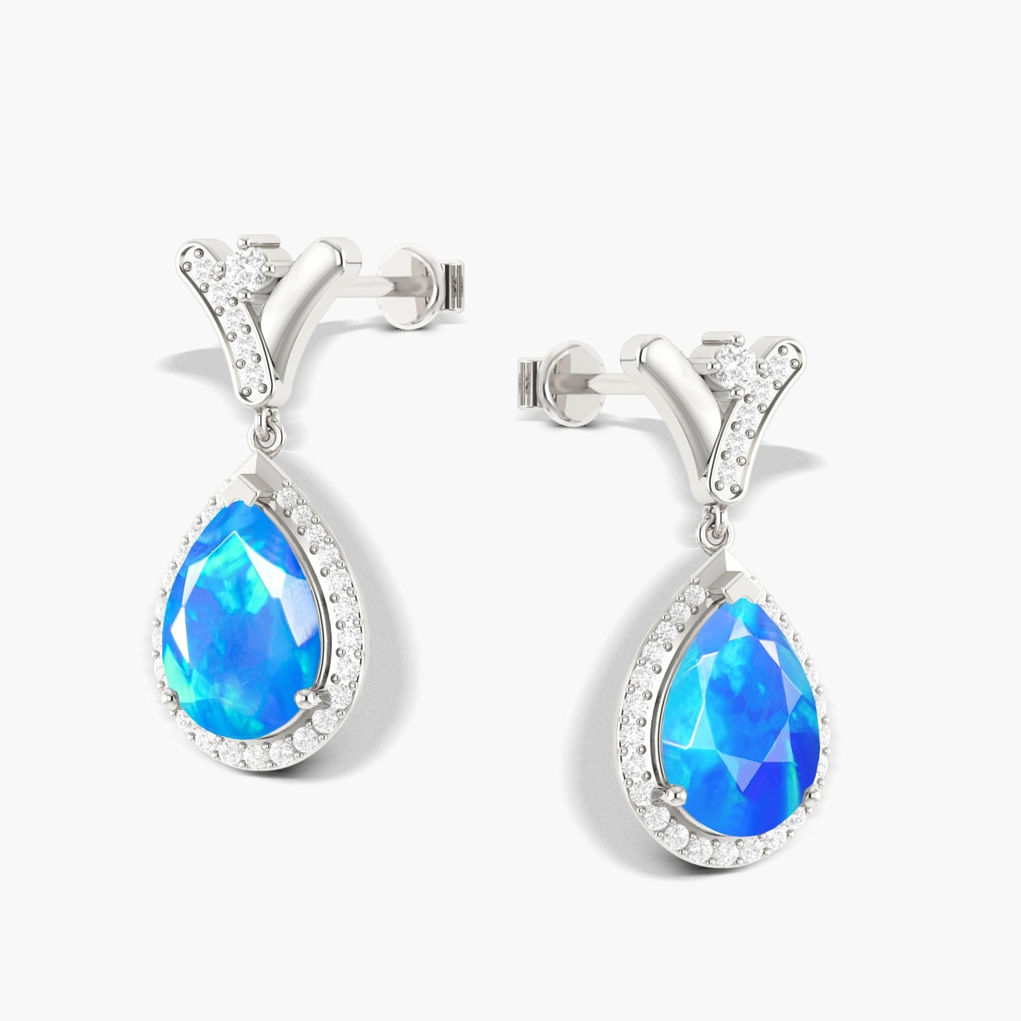 'V' Shape Style Natural Blue Opal Drop Earrings with Push Back - Goodstone Jewels